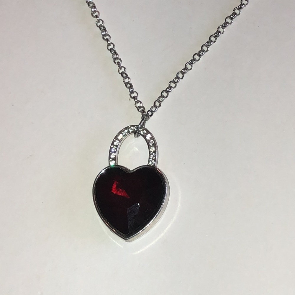 Silver Tone Heart Pendant Necklace with Deep Red Stone